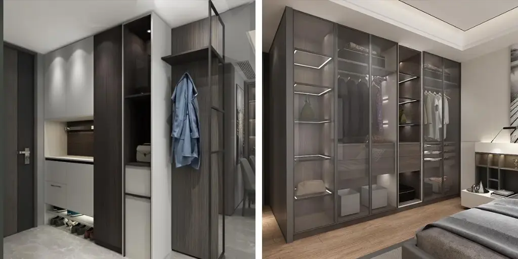 Gray Wood Fitted Wardrobe with Glass Doors OBW21-008