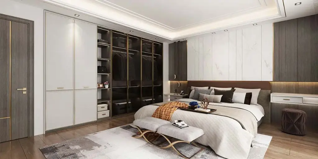 Modern PVC L-Shaped Wardrobe with Dressing Table OBW21-001