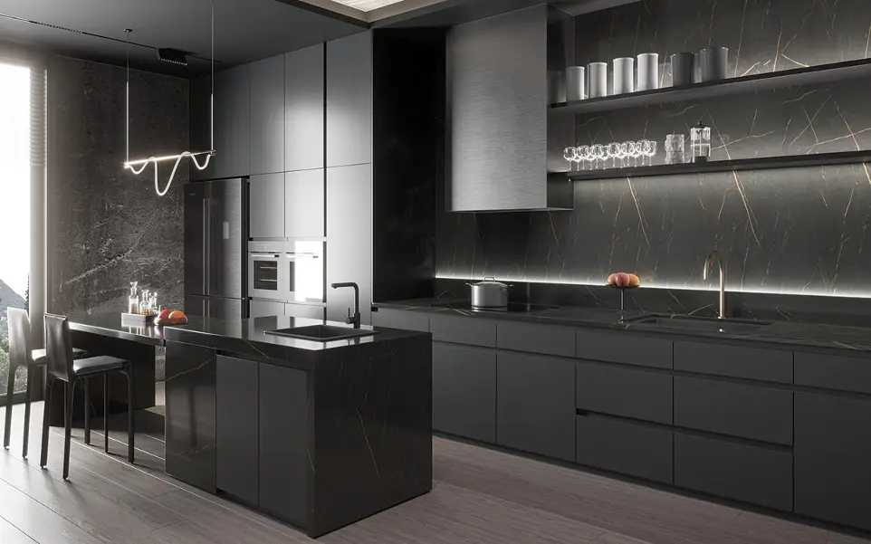Dark Grey Cabinets with Black Worktop OBK22-M03