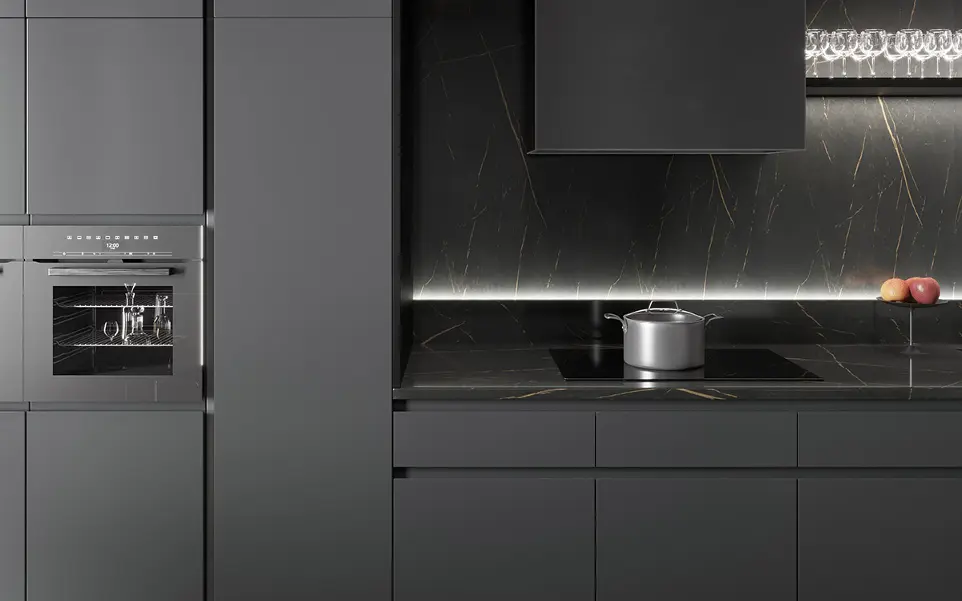 Dark Grey Cabinets with Black Worktop OBK22-M03