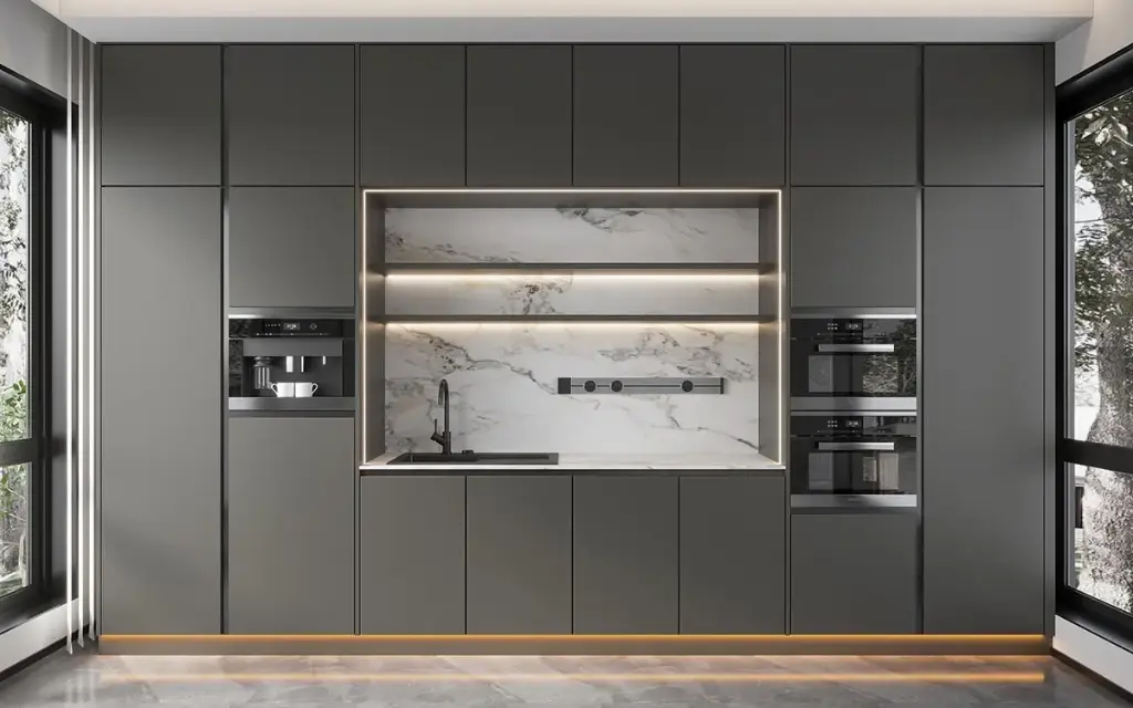 Charcoal Grey Kitchen Cabinets with White Island OBK22-PVC02