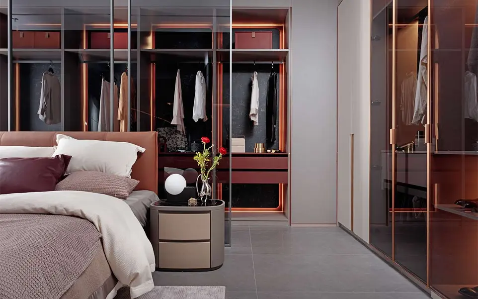 Fitted Light Grey and Red Walk in Wardrobe OBW22-L01