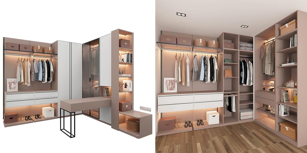 White and Pink Women Closet with Dressing Table OBW21-PVC01