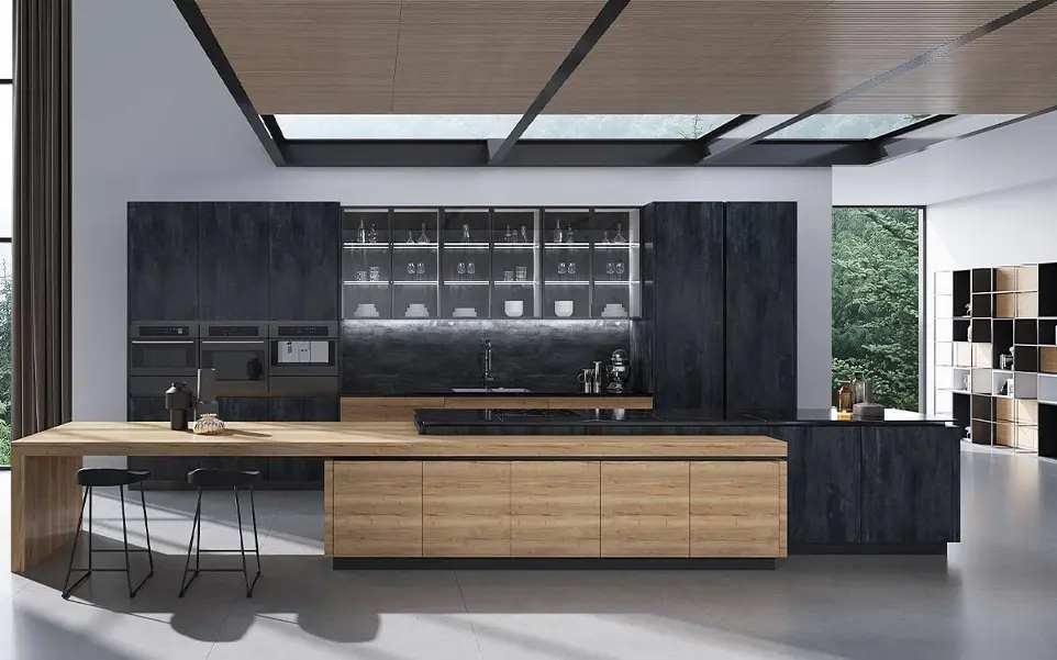 Single Wall Kitchen Design with Long Wood Island OBK23-L07