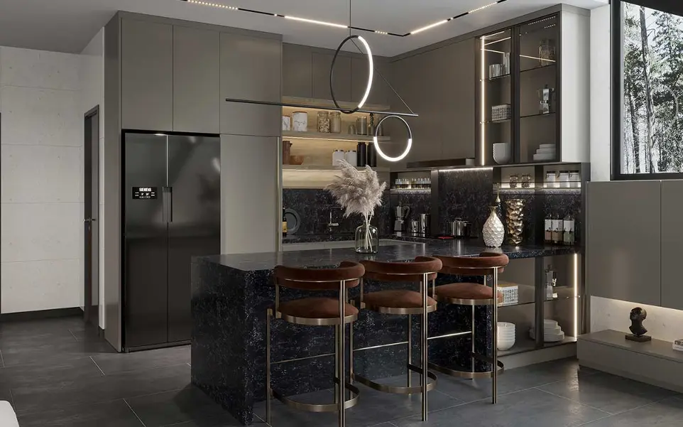 Dovetail Gray Cabinets Peninsula Kitchen OBK22-L24