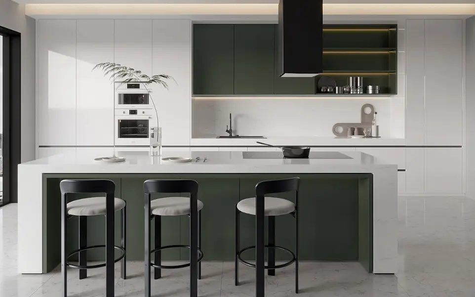 Green and White Flat Front Kitchen Cabinets OBK22-L28