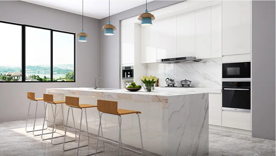 Modern Waterfall Island Kitchen with Quartz Countertop OBK22-L02