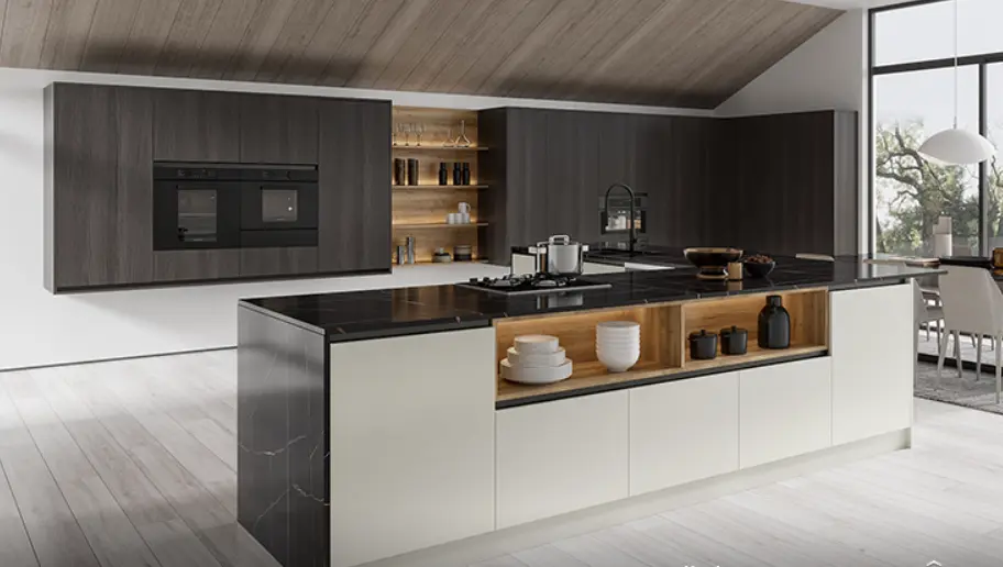 Kitchen Cabinets with Waterfall Edge Island Countertop OBK22-Vita