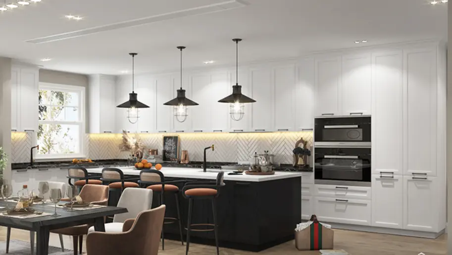 [OBK22-L04] White Shaker Kitchen Cabinets with Black Island OBK22-L04