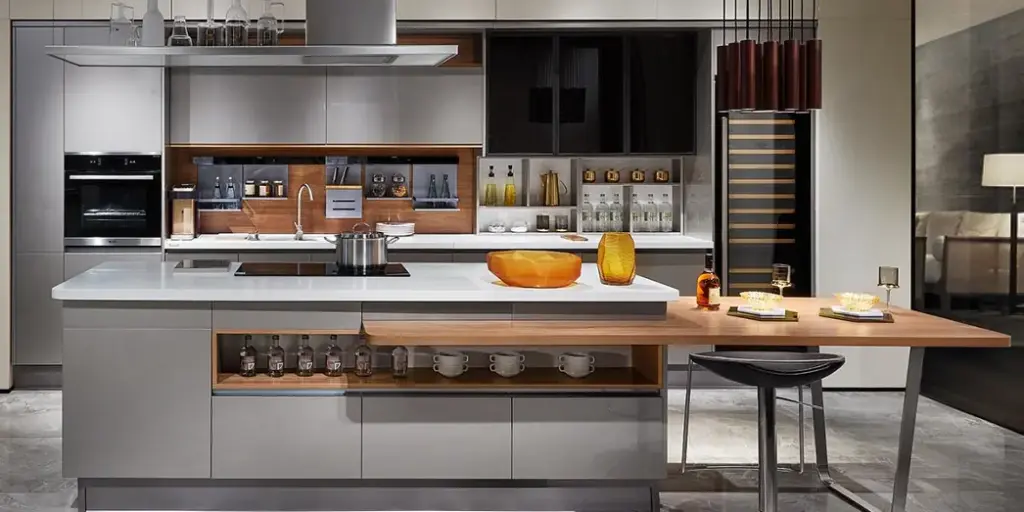 Lacquer Painting Kitchen Cabinets with Island OBK21-015