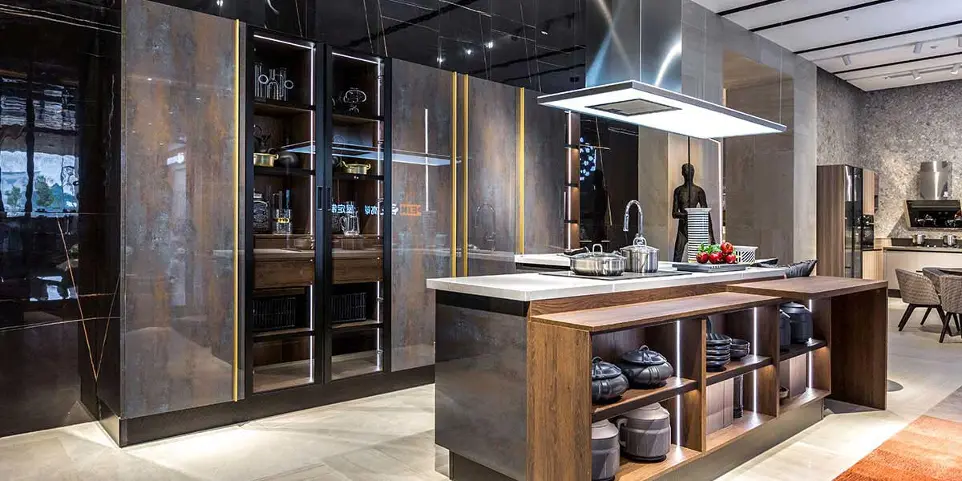 [OBK21-005] خزائن مطبخ من الميلامين على الطراز الصناعي مع جزيرة OBK21-005