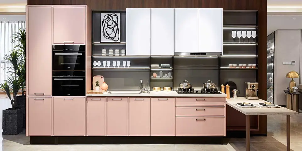 Pink and White PVC Kitchen Cabinets OBK21-006