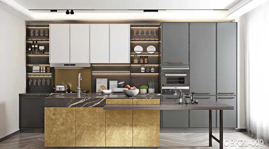 Industrial Kitchen Cabinets with Golden Island OBK21-009