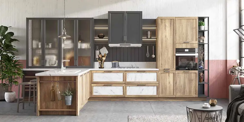 [OBK21-028] Thermofoil Wood Kitchen Cabinet in T Shape OBK21-028