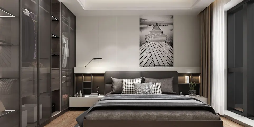 Gray Wood Fitted Wardrobe with Glass Doors OBW21-008